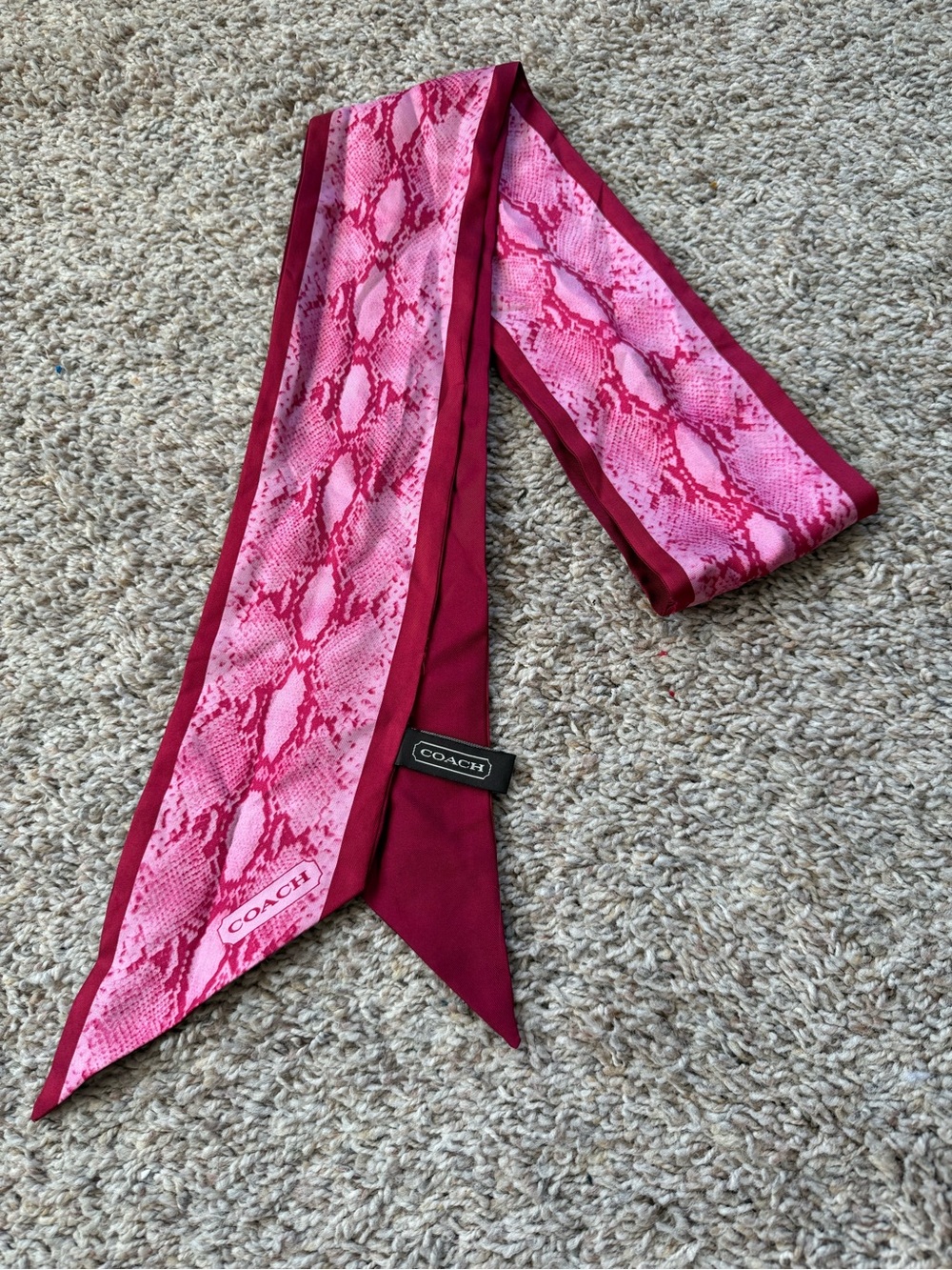 Coach Pink & Burgundy Snake-Print Silk Twilly Scarf Skinny